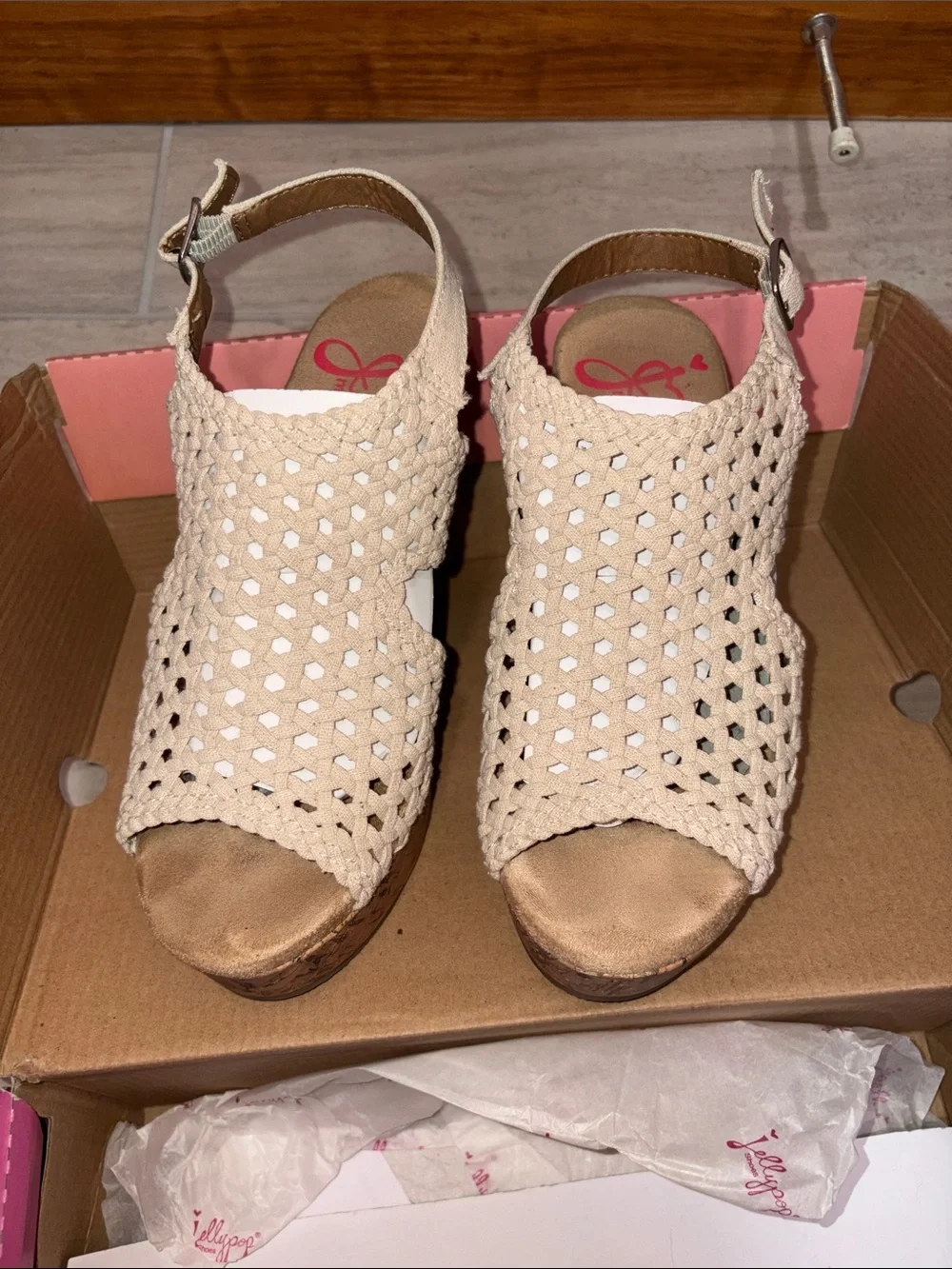 Jellypop Woven Beige Cork Wedge Sandals - Women's Summer Heels